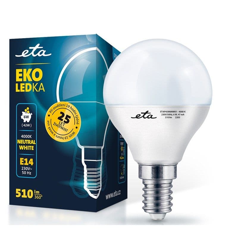 Žárovka 6W E14 LED ETA EKO LEDka mini globe P45W6NW01 neutrální bílá