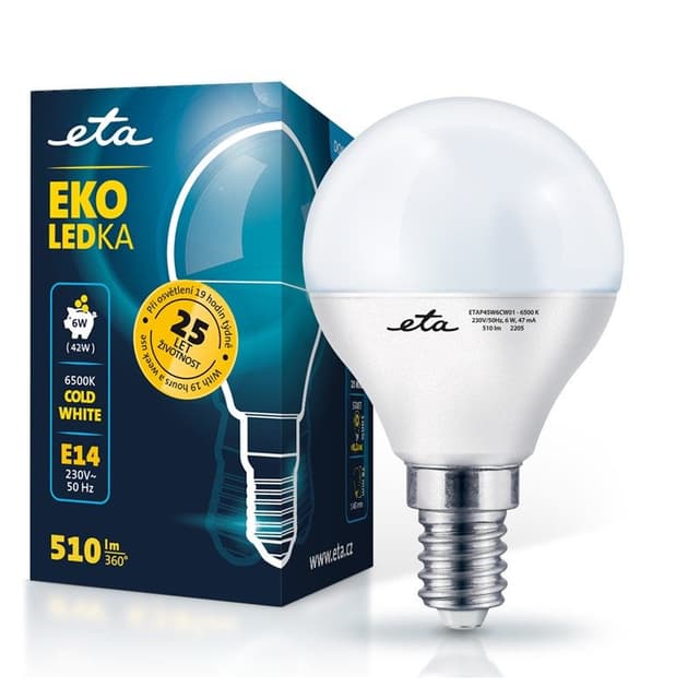 Žárovka ETA EKO LEDka mini globe P45W6CW01, E14, 6W, studená bílá