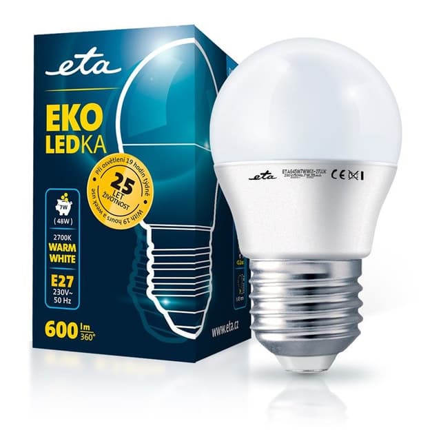 Žárovka EKO LEDka mini globe 7W E27 teplá bílá ETA (ETAG45W7WW01)