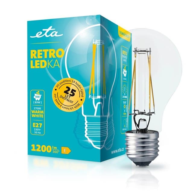 LED Žárovka ETA RETRO LEDka klasik filament A60W9WWF01, 9W, E27, teplá bílá